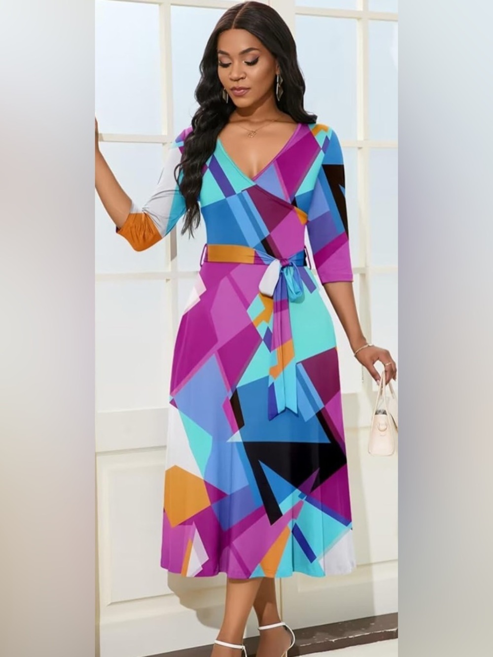 New-Small Vibrant Geometric Wrap Midi Dress - Multi colored 
NO BELT INCLUDED - Picture 2 of 8